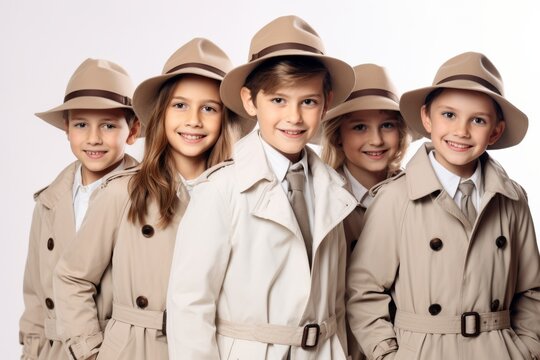 A gathering of young Children Kids sleuths, outfitted in hats and long coats, set against a white backdrop. Generative AI.