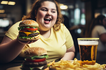 Fat girl eating hamburger in fast food restaurant. A girl with an obese body sits at table with bunch of hamburgers and fast food. Overweight girl eating burger. Obesity, weight problems and diabetes