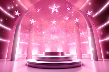 Pink podium 3d illustration background , mock up display with sparkle and glitter for beauty products or holiday event.	