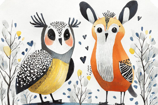 Fantastische Freunde fürs Leben Skandinavische Illustration von Fantasie Vogel Tieren in der Natur