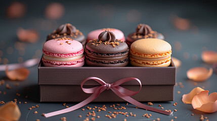 Delectable french macarons in pink, brown and orange colors in the box. Professional food photography close-up.