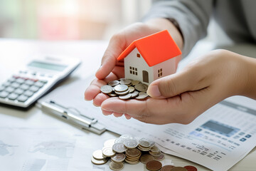 A close-up of two hands, one holding a small house model and the other offering a pile of coins, suggesting the concept of mortgage or debt