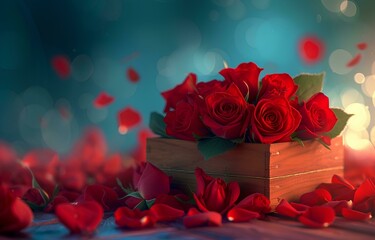 Red roses in a gift box on a dark background for love or valentine day . 3d render