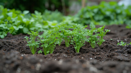 Carrot tops poke through the soil in a garden, a sign of spring