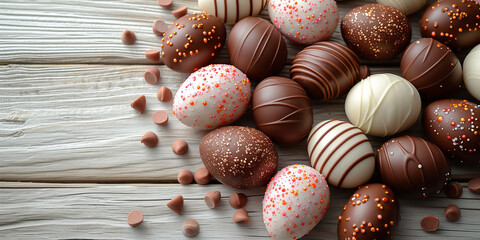 chocolate easter eggs on white wooden background, in the style of light red and light gold, copy...