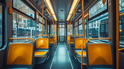Interior of city bus with yellow seats. Empty tram awaits passengers to board