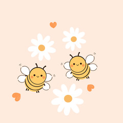 Bee cartoons, heart signs and daisy flower on orange background vector illustration. Cute wall art decoration.