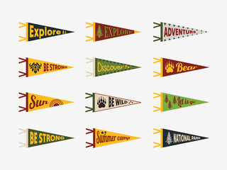 Camping pennant flags, camp pendants for adventure sport and travel hiking, vector. Varsity scout camping or university camper pennant flags, mountain tourism,