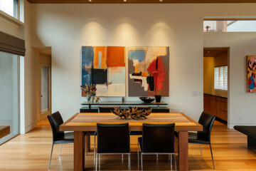 Dining Room With Wooden Table and Black Chairs