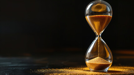 The sands of time trickle through the hourglass on black background