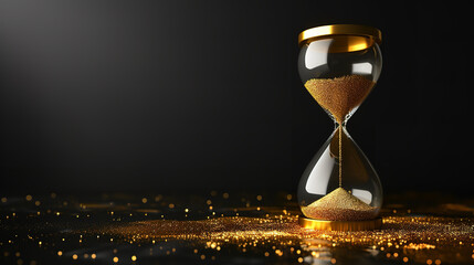 The sands of time trickle through the hourglass on black background