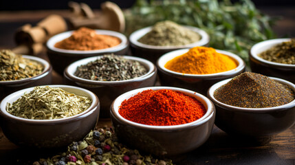 Different seasonings in cups. Spice background.