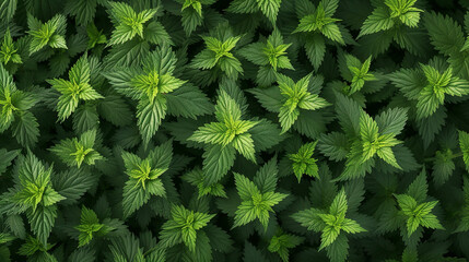 Urtica urens. Lesser nettle plants in autumn with their stinging hairs. top view