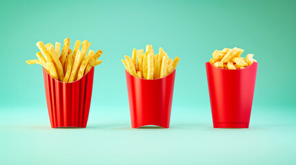 Three Red Containers Filled With French Fries on Blue Background