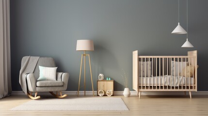 Baby crib, cupboard, armchair, lamp, stool in childs room with wooden floor and grey walls.