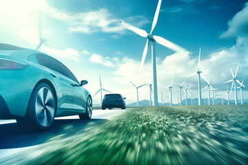Electric Car Driving Alongside Wind Turbines on a Road