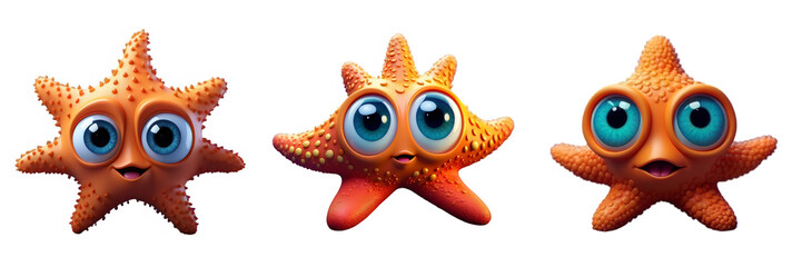 Cute funny star fish with big eyes lovely little animals isolated in transparent background