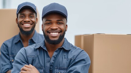 Delivery Partners' Joyful Service, Two cheerful delivery men in uniforms smile confidently, representing reliable service and positive work culture in the logistics industry