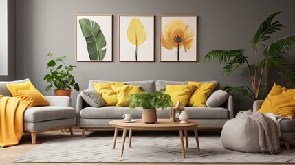Contemporary bohemian living room with gray sofa, yellow pillows, plants, artwork, and accessories. Trendy home decoration.