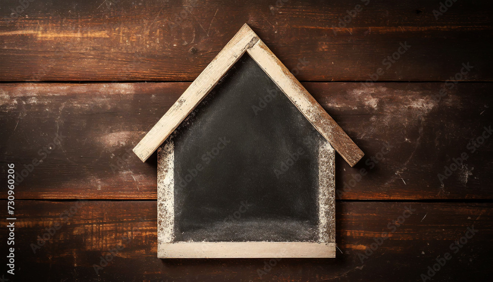 Poster closeup of an empty blackboard in the shape of a small wooden model house on a wooden table with cop