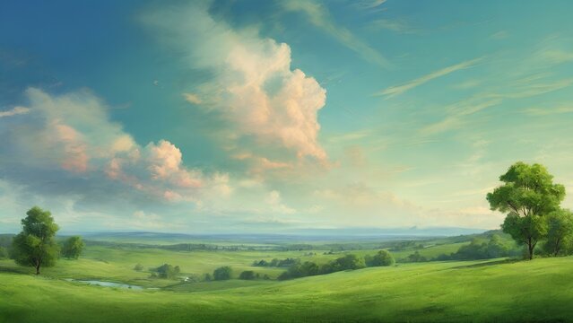 Realistic picture of green landscape with beautiful sky