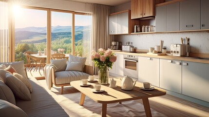 Sunny kitchen with lounge area, sofa, coffee table, island, panoramic countryside view. Cozy hotel apartment. 3D render.