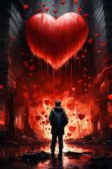 A man stands outside in an alley and looks up at the red hearts flogging in the sky. Symbol of love and passion. Poster. Love concept. Valentine day background with hearts