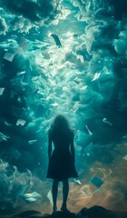 A woman stands gracefully in a serene pool of aqua water, surrounded by a flurry of teal paper and the vibrant life of a coral reef, lost in the beauty of an underwater aquarium