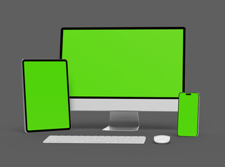 3D Render of smartphone tablet desktop with green screens on a dark background