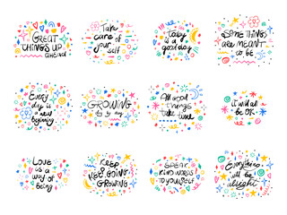 Motivational, inspirational message sayings collection. Hand drawn lettering phrase, quote. Vector illustration card design. Modern freehand style illustration with doodles