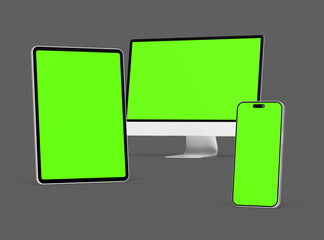 3D Render of smartphone tablet desktop with green screens on a dark background