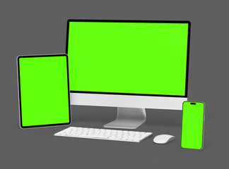 3D Render of smartphone tablet desktop with green screens on a dark background