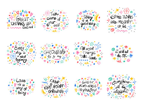 Motivational, inspirational message sayings collection. Hand drawn lettering phrase, quote. Vector illustration card design. Modern freehand style illustration with doodles