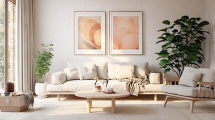 Create a Scandinavian style a poster frame in a modern living room background.