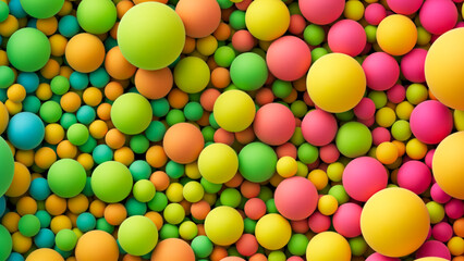 Vector background with colorful balls for kids zone or children's playroom. Many colored big and small matte soft random spheres. Huge pile of colorful balls or bubbles in different sizes