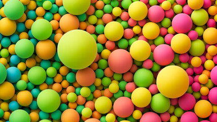 Colorful matte soft balls vector background in bright summer tones and different sizes for kids zone or children's playroom. Top view of huge pile of chaotic colorful mixed balls, orbs or bubbles