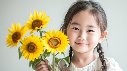 A young girl's joyful smile radiates as she cradles a bouquet of vibrant sunflowers against a rustic wall, capturing the essence of youth and nature's beauty in one charming portrait