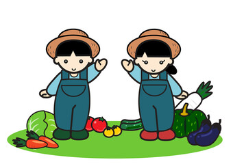 野菜に囲まれた農作業着姿の男の子と女の子