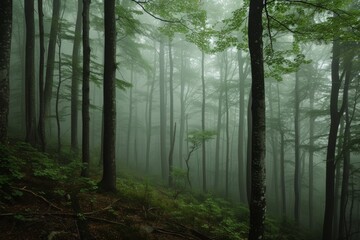 Hazy mist enveloping an ancient forest, whispers of mystery and ancient lore.