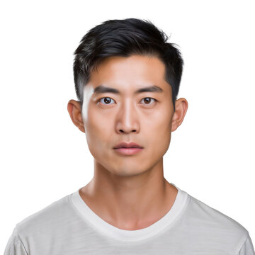 Portrait of Asian man with serious expression, isolated on transparent background