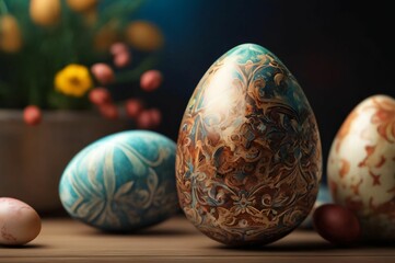 Easter eggs with painted patterns on a dark background. Copy space. Easter concept.