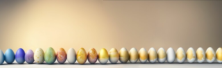 Colored Easter eggs stand in a row on a light background. Banner. Easter concept