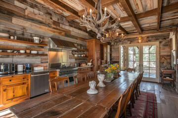 Fototapeta na wymiar Rustic Kitchen With Large Wooden Table