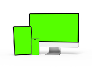 3D Render of smartphone tablet desktop with green screens on a light background