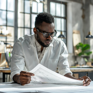 Architect examines and spreads blueprints on table in bright modern office space. , ai generated.