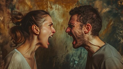 A fiery exchange between a man and woman, their faces contorted with anger and frustration, as a portrait of a kiss hangs in the background, a stark contrast to the heated scene - obrazy, fototapety, plakaty