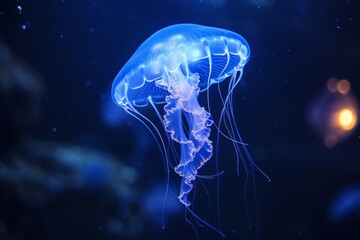 Luminous jellyfish, drifting underwater, neon glow against dark depths