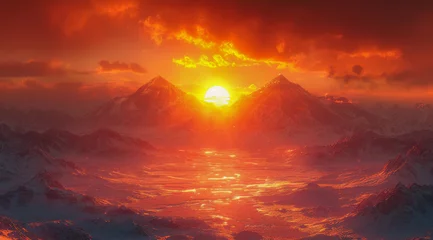 Papier Peint photo Rouge 2 Fiery sunset over snow-covered mountains with a dramatic red and orange sky,ai generated