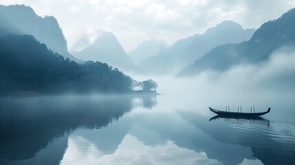 Asian background with mountains, lake and boat. 