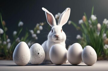 Naklejka na ściany i meble One white Easter bunny on a dark background among the eggs